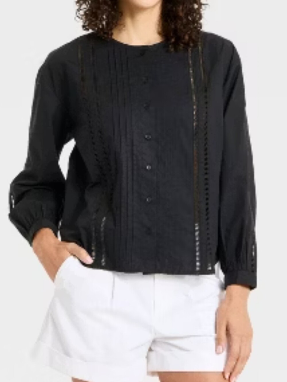 NWT A New Day Balloon Sleeve Lace Trim Blouse Black Size Large